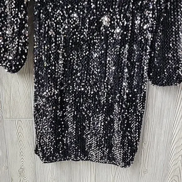 ICHI Wilde Black Silver Sequin Long Sleeve Dress V Neck Open Back Medium NEW - Picture 3 of 13